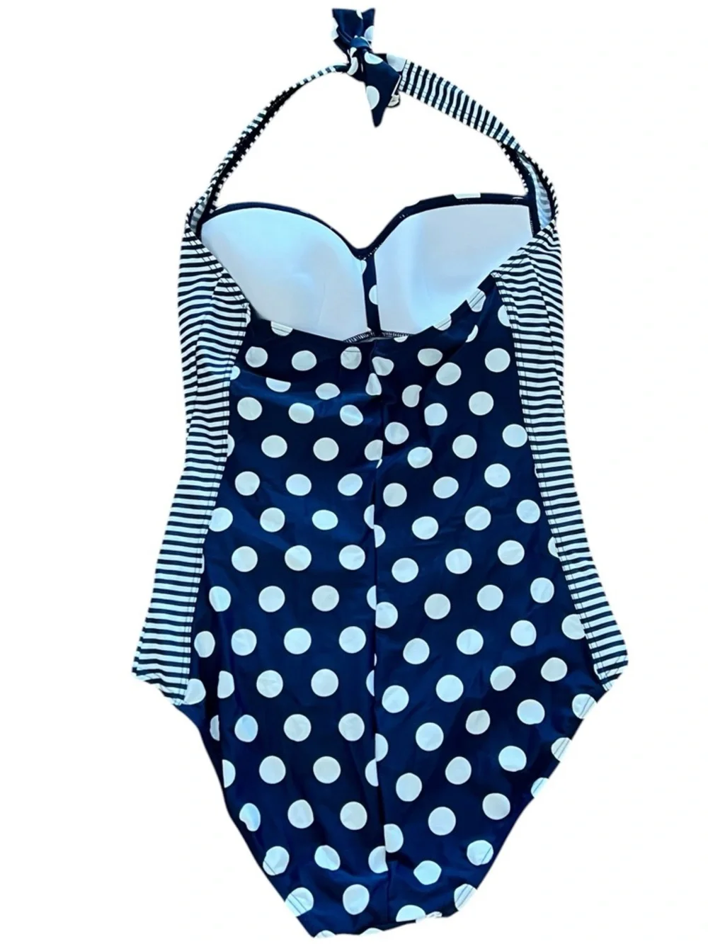 New Navy Blue & White Polka Dot Striped Shirred Ruched Retro One Piece Swimsuit